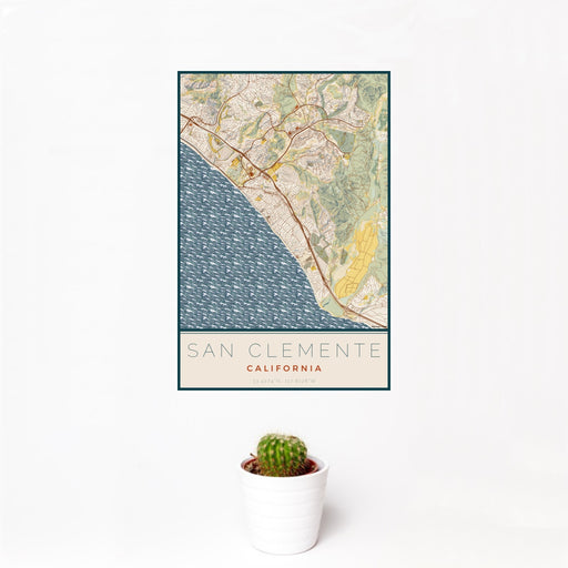 12x18 San Clemente California Map Print Portrait Orientation in Woodblock Style With Small Cactus Plant in White Planter
