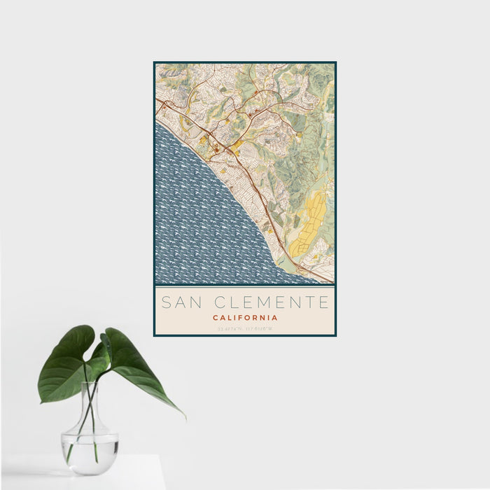 16x24 San Clemente California Map Print Portrait Orientation in Woodblock Style With Tropical Plant Leaves in Water
