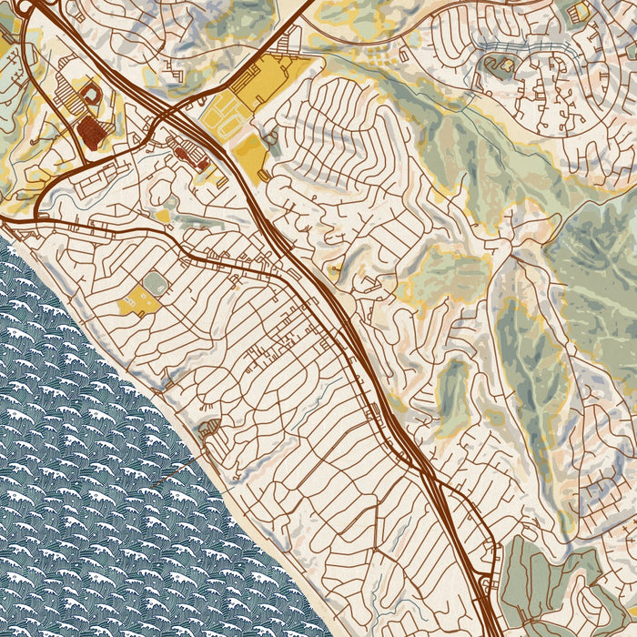 San Clemente California Map Print in Woodblock Style Zoomed In Close Up Showing Details