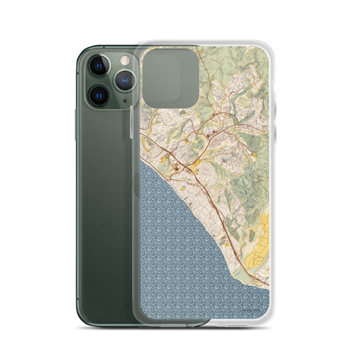 Custom San Clemente California Map Phone Case in Woodblock on Table with Laptop and Plant