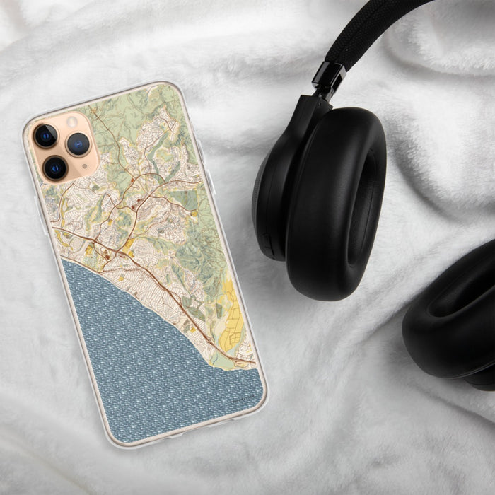 Custom San Clemente California Map Phone Case in Woodblock on Table with Black Headphones