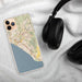 Custom San Clemente California Map Phone Case in Woodblock on Table with Black Headphones