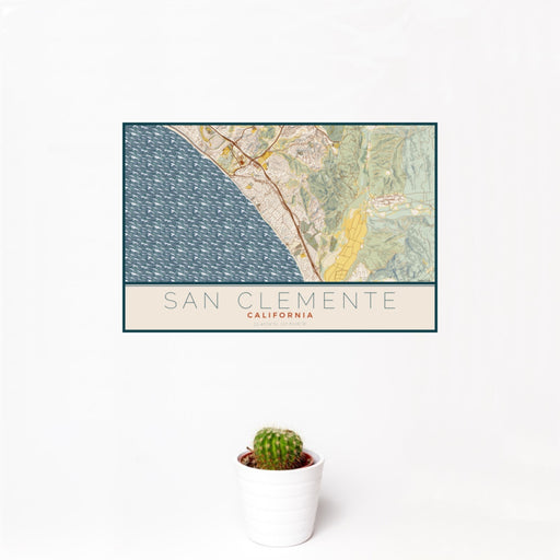 12x18 San Clemente California Map Print Landscape Orientation in Woodblock Style With Small Cactus Plant in White Planter