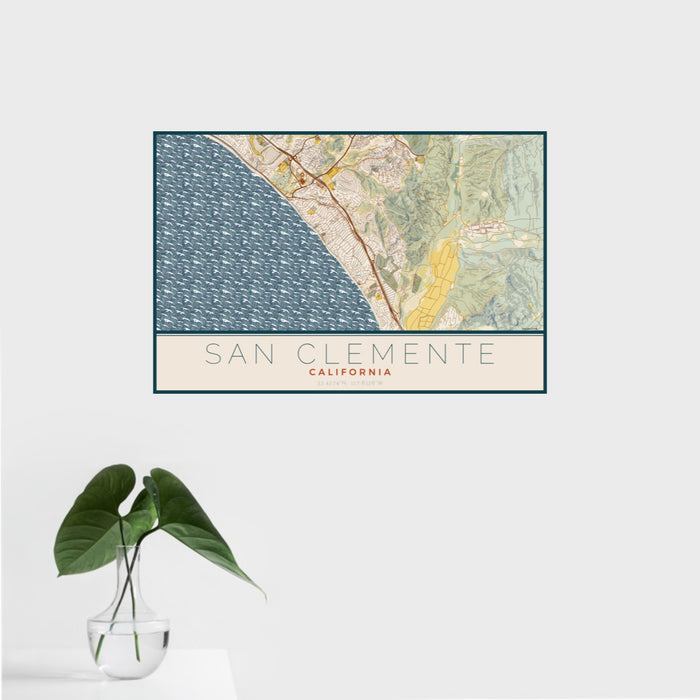 16x24 San Clemente California Map Print Landscape Orientation in Woodblock Style With Tropical Plant Leaves in Water