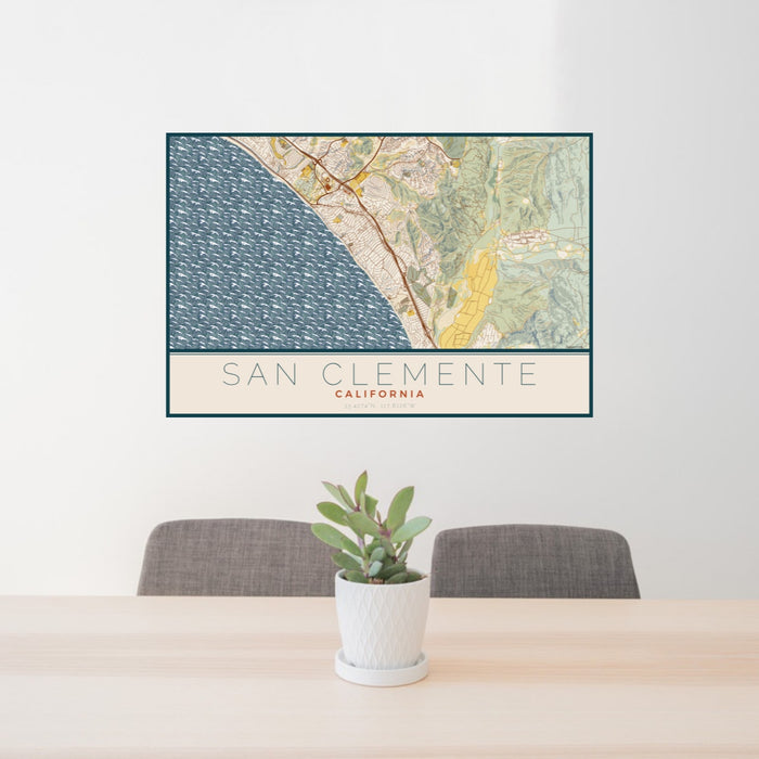 24x36 San Clemente California Map Print Landscape Orientation in Woodblock Style Behind 2 Chairs Table and Potted Plant
