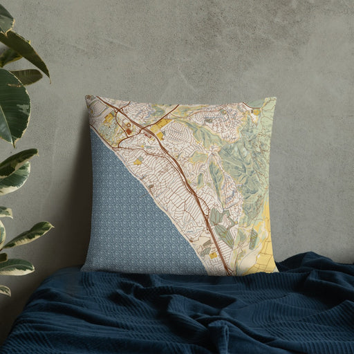 Custom San Clemente California Map Throw Pillow in Woodblock on Bedding Against Wall