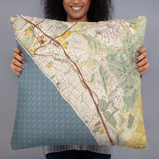 Person holding 22x22 Custom San Clemente California Map Throw Pillow in Woodblock