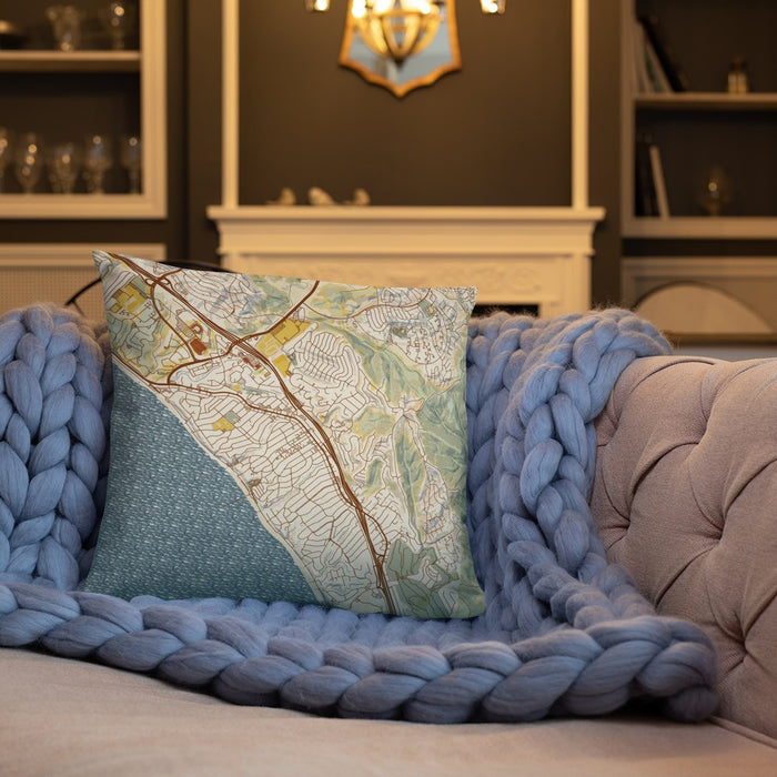 Custom San Clemente California Map Throw Pillow in Woodblock on Cream Colored Couch