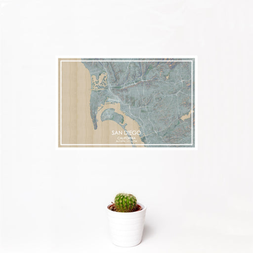 12x18 San Diego California Map Print Landscape Orientation in Afternoon Style With Small Cactus Plant in White Planter
