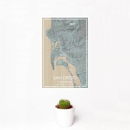 12x18 San Diego California Map Print Portrait Orientation in Afternoon Style With Small Cactus Plant in White Planter