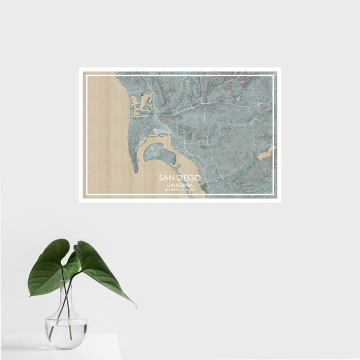 16x24 San Diego California Map Print Landscape Orientation in Afternoon Style With Tropical Plant Leaves in Water