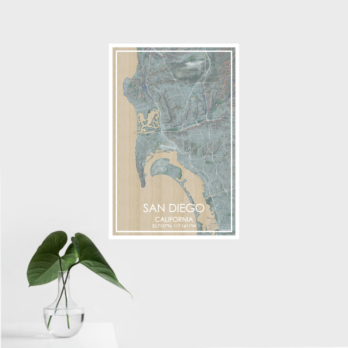 16x24 San Diego California Map Print Portrait Orientation in Afternoon Style With Tropical Plant Leaves in Water