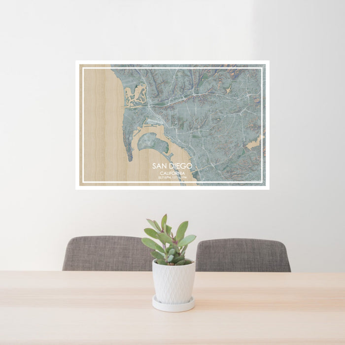 24x36 San Diego California Map Print Lanscape Orientation in Afternoon Style Behind 2 Chairs Table and Potted Plant