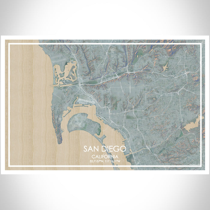 San Diego California Map Print Landscape Orientation in Afternoon Style With Shaded Background