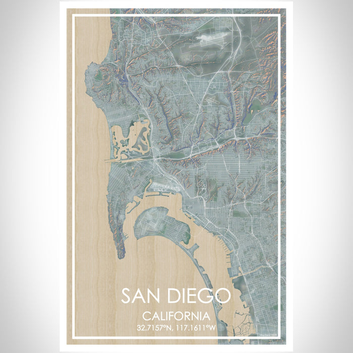 San Diego California Map Print Portrait Orientation in Afternoon Style With Shaded Background