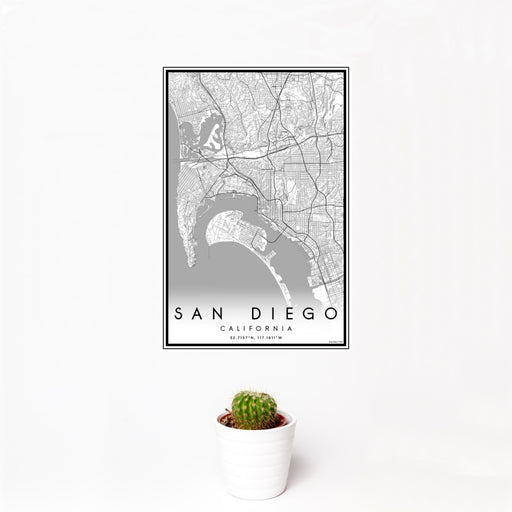 12x18 San Diego California Map Print Portrait Orientation in Classic Style With Small Cactus Plant in White Planter
