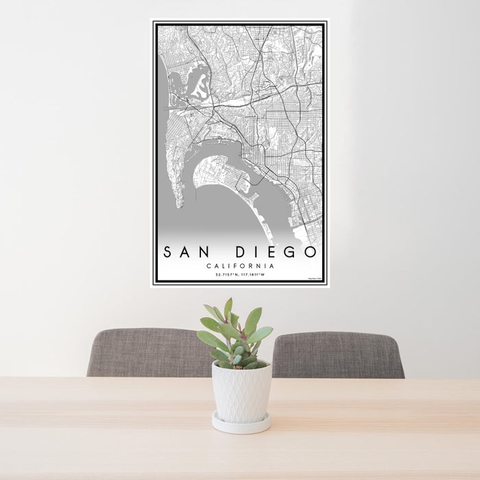 24x36 San Diego California Map Print Portrait Orientation in Classic Style Behind 2 Chairs Table and Potted Plant