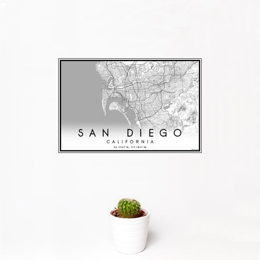 12x18 San Diego California Map Print Landscape Orientation in Classic Style With Small Cactus Plant in White Planter