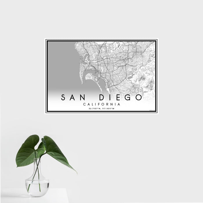 16x24 San Diego California Map Print Landscape Orientation in Classic Style With Tropical Plant Leaves in Water