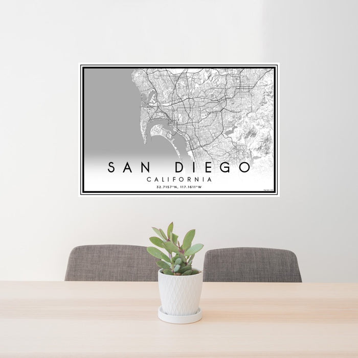 24x36 San Diego California Map Print Landscape Orientation in Classic Style Behind 2 Chairs Table and Potted Plant