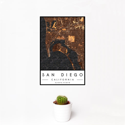 12x18 San Diego California Map Print Portrait Orientation in Ember Style With Small Cactus Plant in White Planter