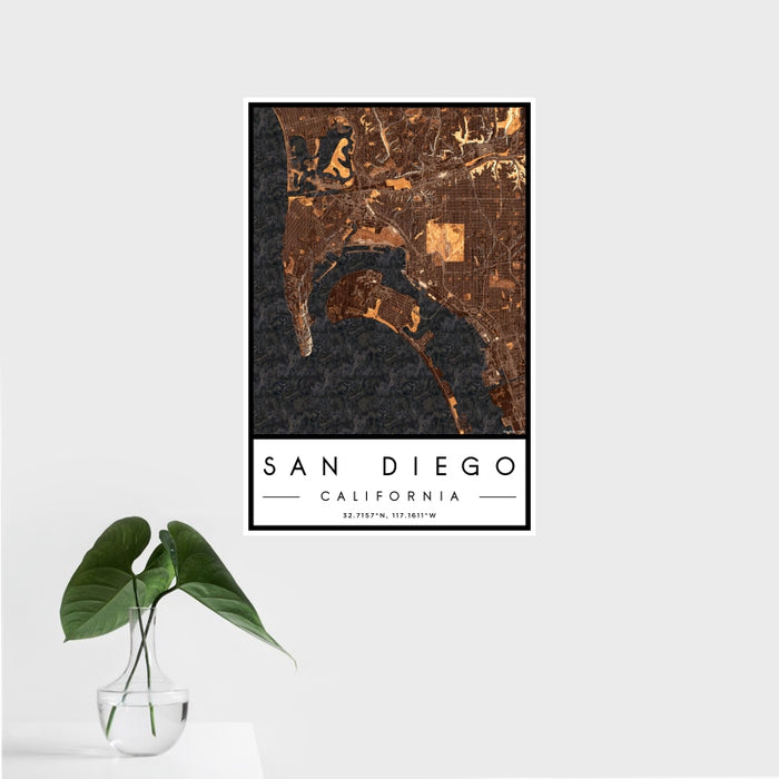 16x24 San Diego California Map Print Portrait Orientation in Ember Style With Tropical Plant Leaves in Water