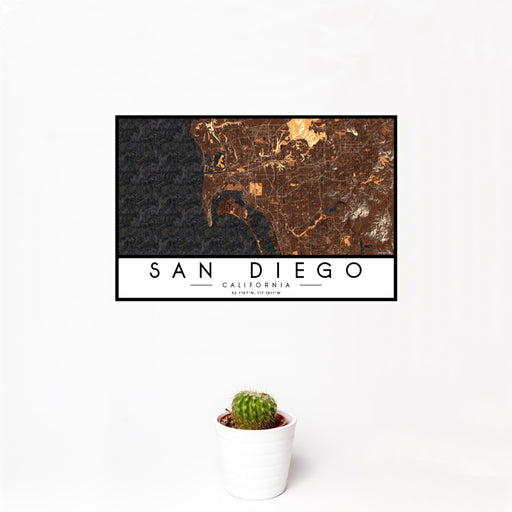 12x18 San Diego California Map Print Landscape Orientation in Ember Style With Small Cactus Plant in White Planter