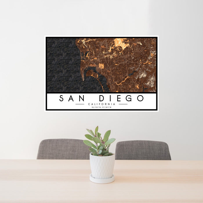 24x36 San Diego California Map Print Landscape Orientation in Ember Style Behind 2 Chairs Table and Potted Plant