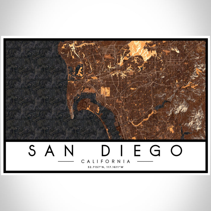 San Diego California Map Print Landscape Orientation in Ember Style With Shaded Background