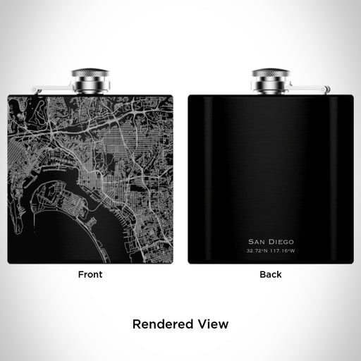 Rendered View of San Diego California Map Engraving on 6oz Stainless Steel Flask in Black
