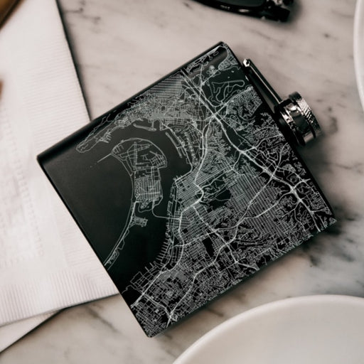 San Diego California Custom Engraved City Map Inscription Coordinates on 6oz Stainless Steel Flask in Black