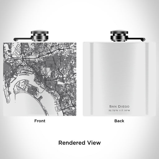 Rendered View of San Diego California Map Engraving on 6oz Stainless Steel Flask in White