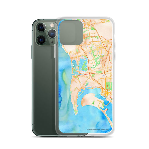 Custom San Diego California Map Phone Case in Watercolor on Table with Laptop and Plant