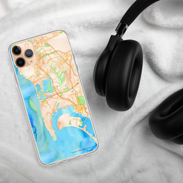 Custom San Diego California Map Phone Case in Watercolor on Table with Black Headphones