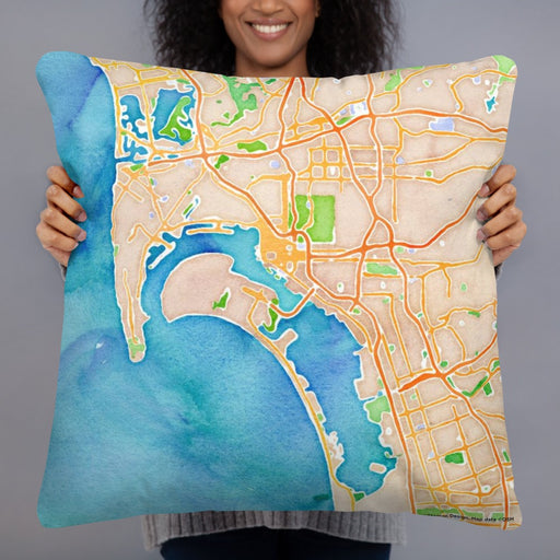 Person holding 22x22 Custom San Diego California Map Throw Pillow in Watercolor