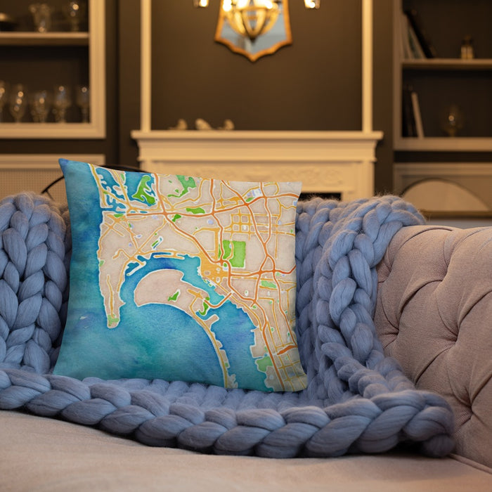 Custom San Diego California Map Throw Pillow in Watercolor on Cream Colored Couch