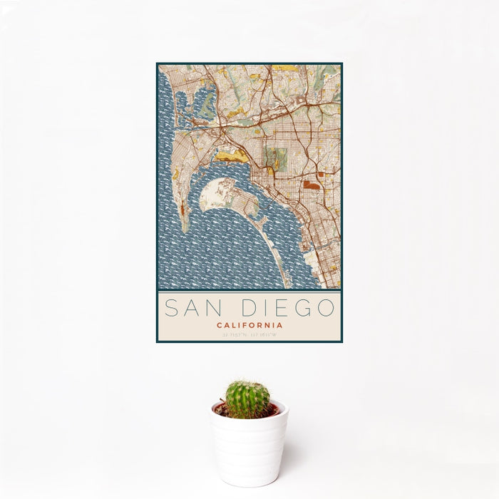12x18 San Diego California Map Print Portrait Orientation in Woodblock Style With Small Cactus Plant in White Planter