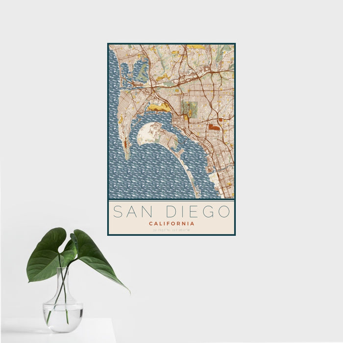 16x24 San Diego California Map Print Portrait Orientation in Woodblock Style With Tropical Plant Leaves in Water