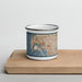 Front View Custom San Diego California Map Enamel Mug in Woodblock on Cutting Board