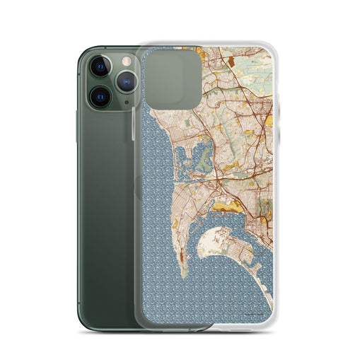 Custom San Diego California Map Phone Case in Woodblock on Table with Laptop and Plant