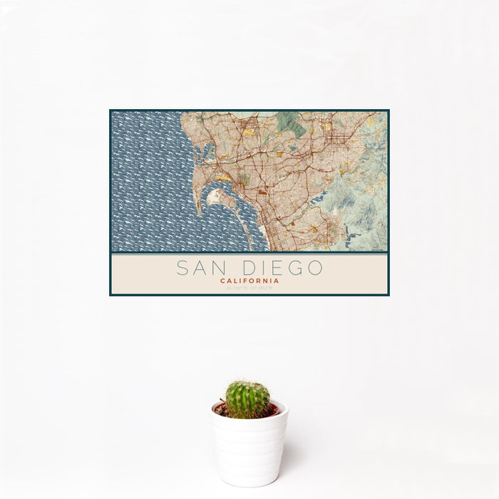 12x18 San Diego California Map Print Landscape Orientation in Woodblock Style With Small Cactus Plant in White Planter