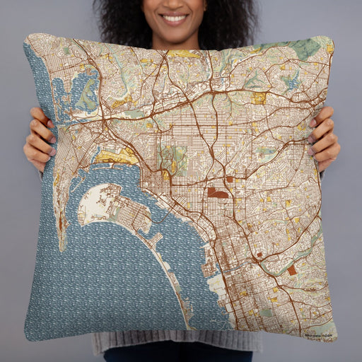 Person holding 22x22 Custom San Diego California Map Throw Pillow in Woodblock
