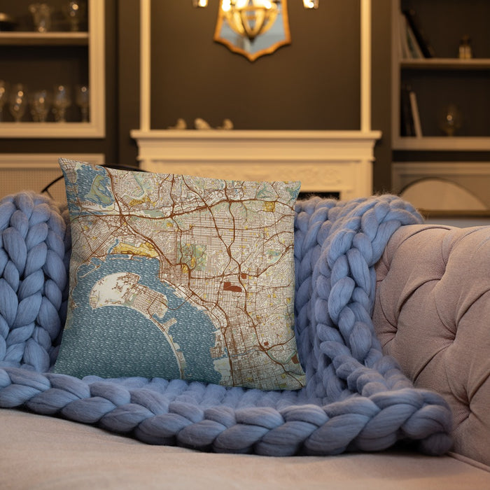 Custom San Diego California Map Throw Pillow in Woodblock on Cream Colored Couch