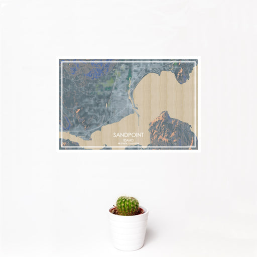 12x18 Sandpoint Idaho Map Print Landscape Orientation in Afternoon Style With Small Cactus Plant in White Planter