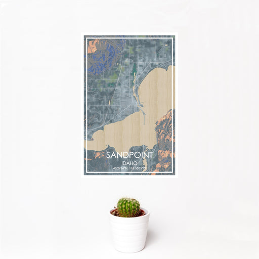 12x18 Sandpoint Idaho Map Print Portrait Orientation in Afternoon Style With Small Cactus Plant in White Planter