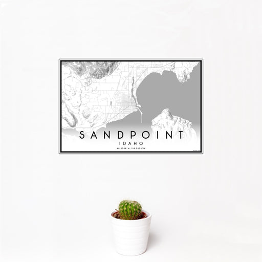 12x18 Sandpoint Idaho Map Print Landscape Orientation in Classic Style With Small Cactus Plant in White Planter