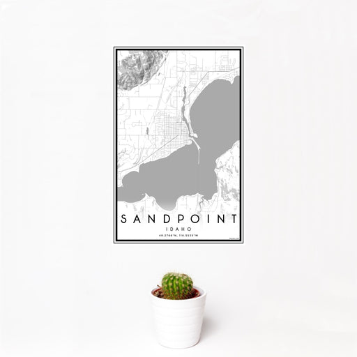 12x18 Sandpoint Idaho Map Print Portrait Orientation in Classic Style With Small Cactus Plant in White Planter