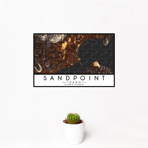 12x18 Sandpoint Idaho Map Print Landscape Orientation in Ember Style With Small Cactus Plant in White Planter
