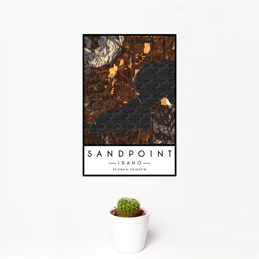 12x18 Sandpoint Idaho Map Print Portrait Orientation in Ember Style With Small Cactus Plant in White Planter