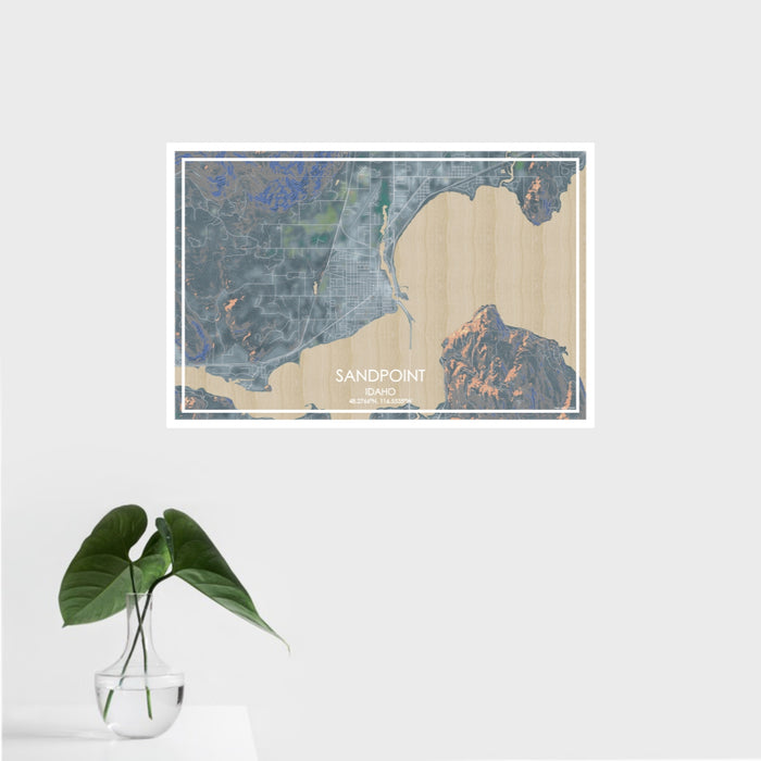 16x24 Sandpoint Idaho Map Print Landscape Orientation in Afternoon Style With Tropical Plant Leaves in Water